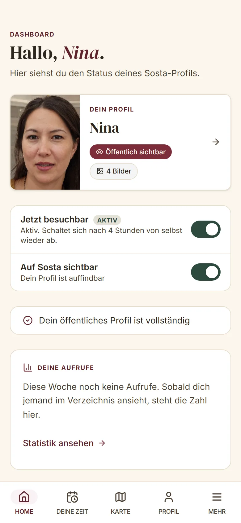Example from the Talents app: the home screen with your profile and the visibility switches.
